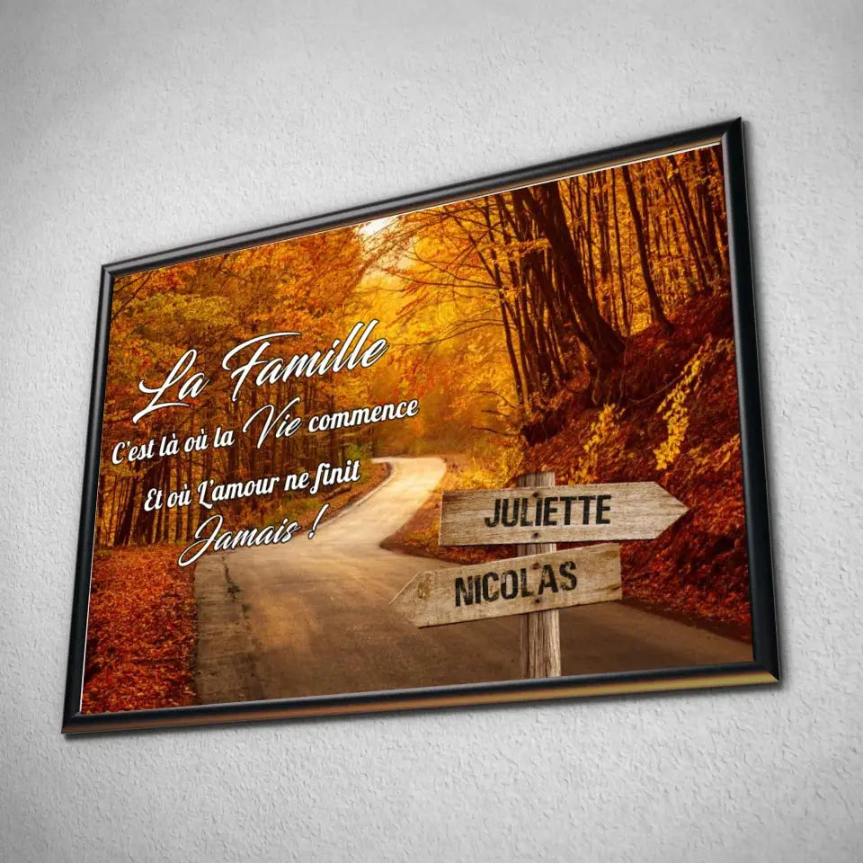 Tableau prénoms personnalisé route d'automne dans un cadre noir, incliné