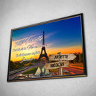 Tableau prénoms personnalisé Tour Eiffel de Paris dans un cadre noir, incliné