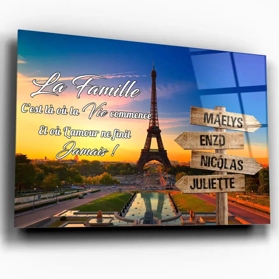 Tableau prénoms personnalisé Tour Eiffel de Paris, toile inclinée gros plan, cadeau de famille