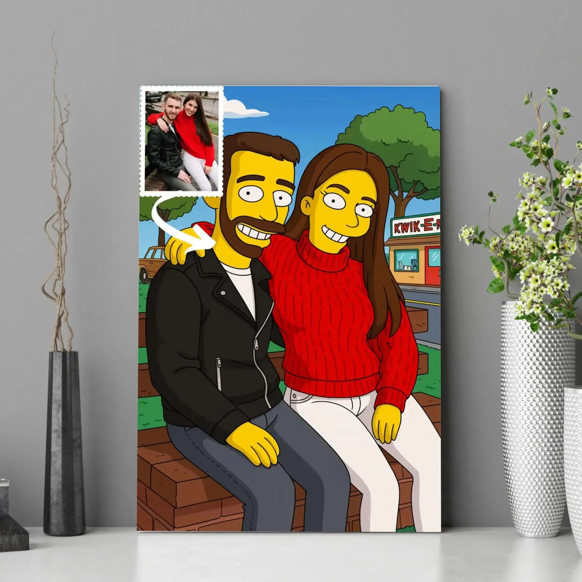 Tableau photo personnalisé style Simpson encadré, portrait de couple près de plantes
