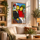 Tableau toile style Simpson accroché au mur, portrait de couple, bibliothèque