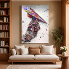 Tableau Street Art Avion en Papier sur toile, accroché dans un salon avec bibliothèque