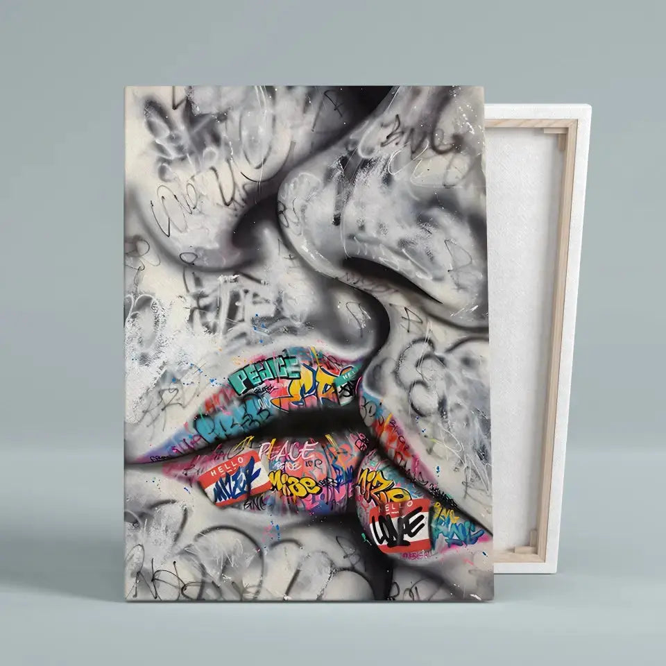 Tableau Street Art Baiser Urbain sur toile, vue montrant l'épaisseur du châssis