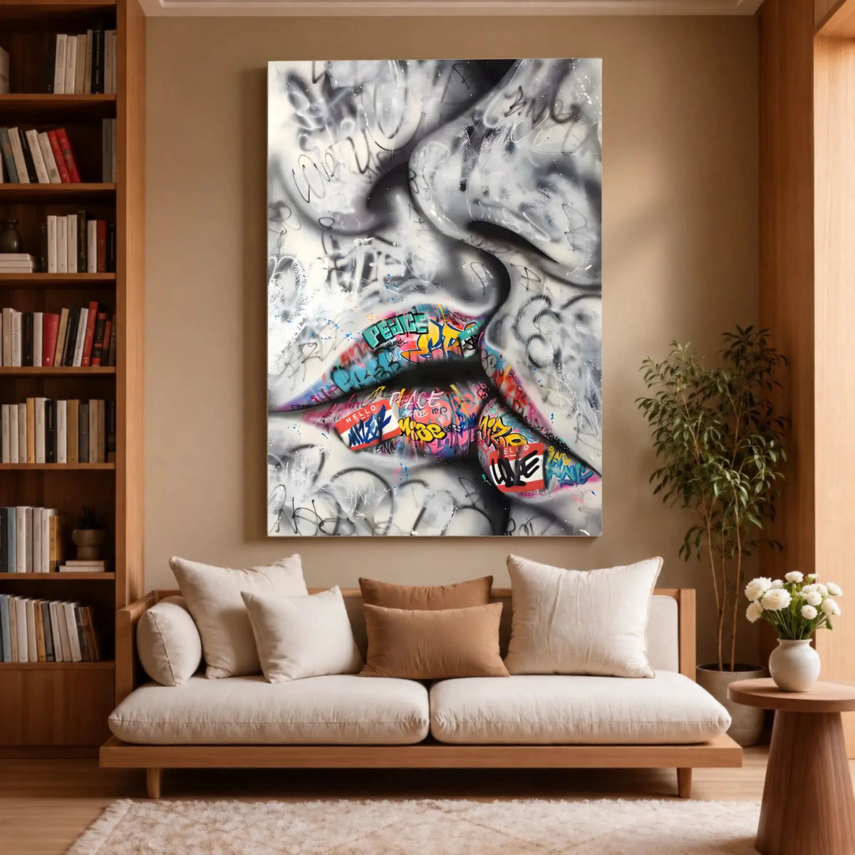 Tableau Street Art Baiser Urbain sur toile, accroché dans un salon avec bibliothèque