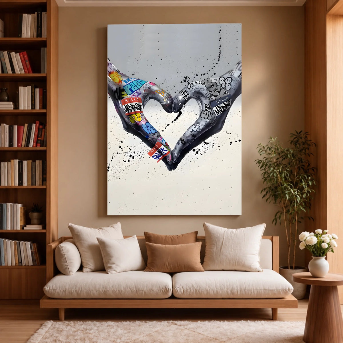 Tableau Street Art Cœur Créatif sur toile, accroché dans un salon avec bibliothèque