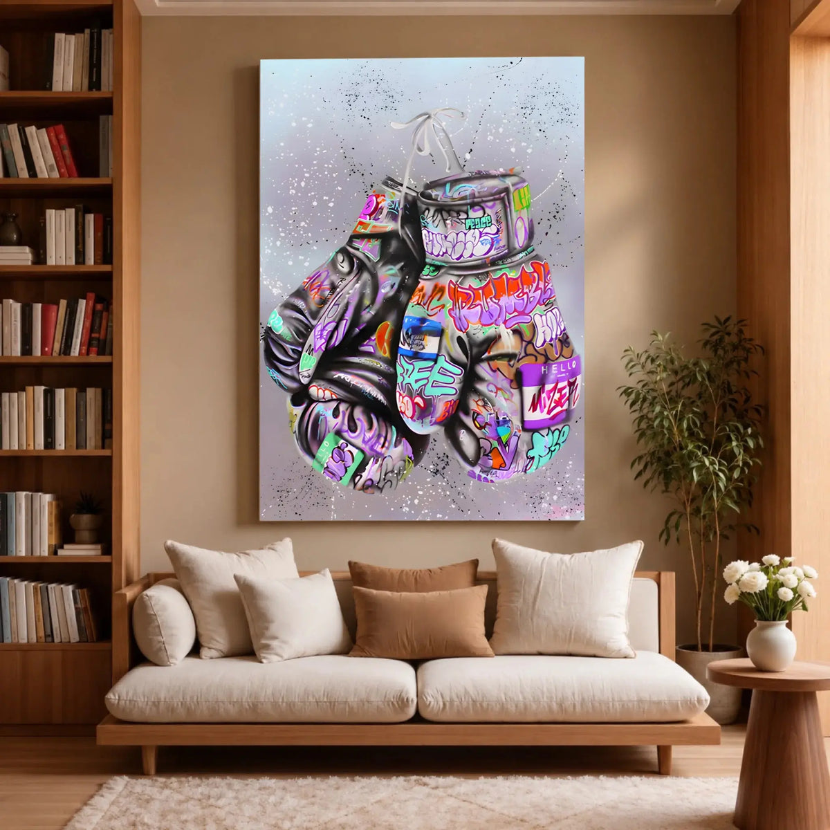 Tableau Street Art Combat Créatif sur toile, accroché dans un salon avec bibliothèque
