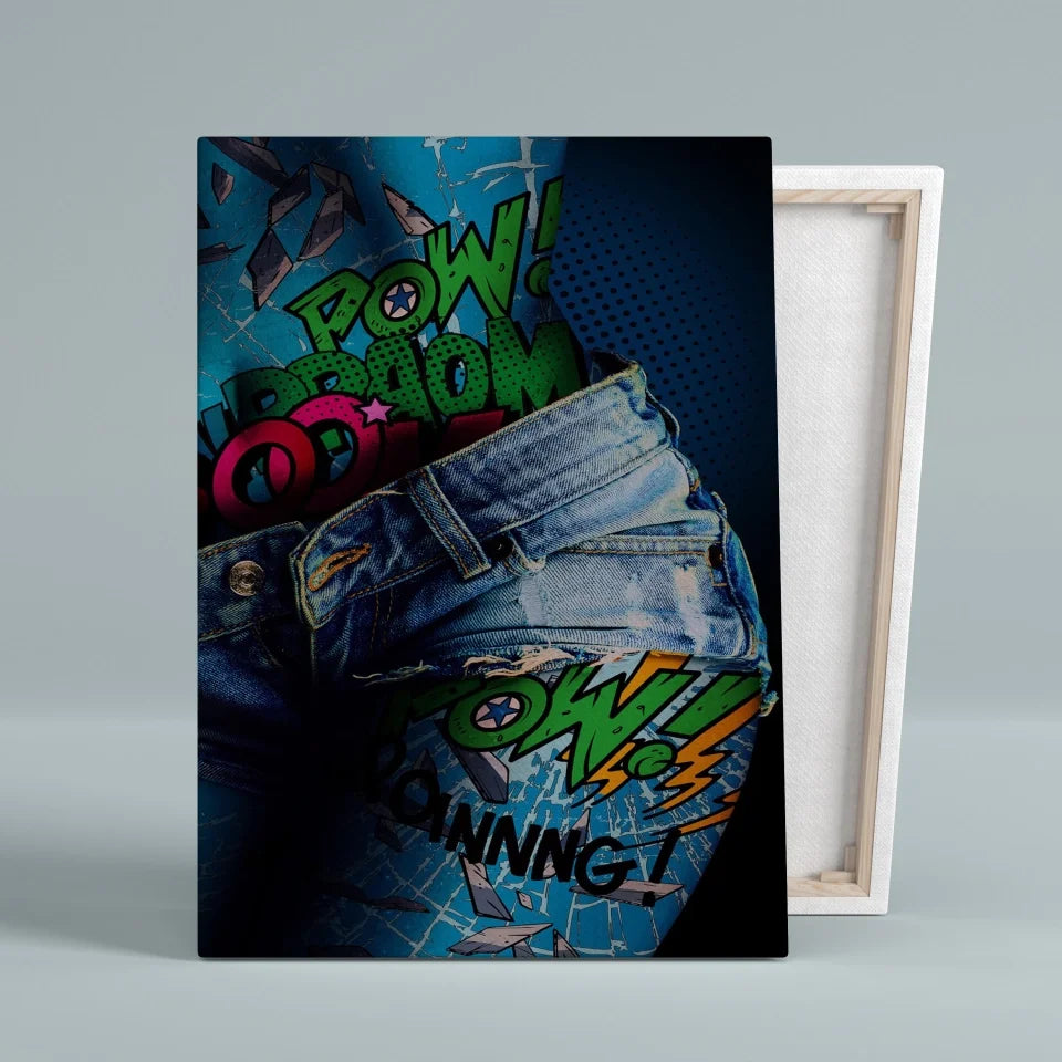 Tableau Street Art Effet Comics et Denim sur toile, vue montrant l'épaisseur du châssis