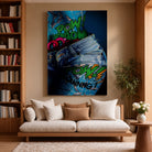 Tableau Street Art Effet Comics et Denim sur toile, accroché dans un salon avec bibliothèque