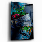 Tableau Street Art Effet Comics et Denim en verre acrylique, vue inclinée sur fond blanc