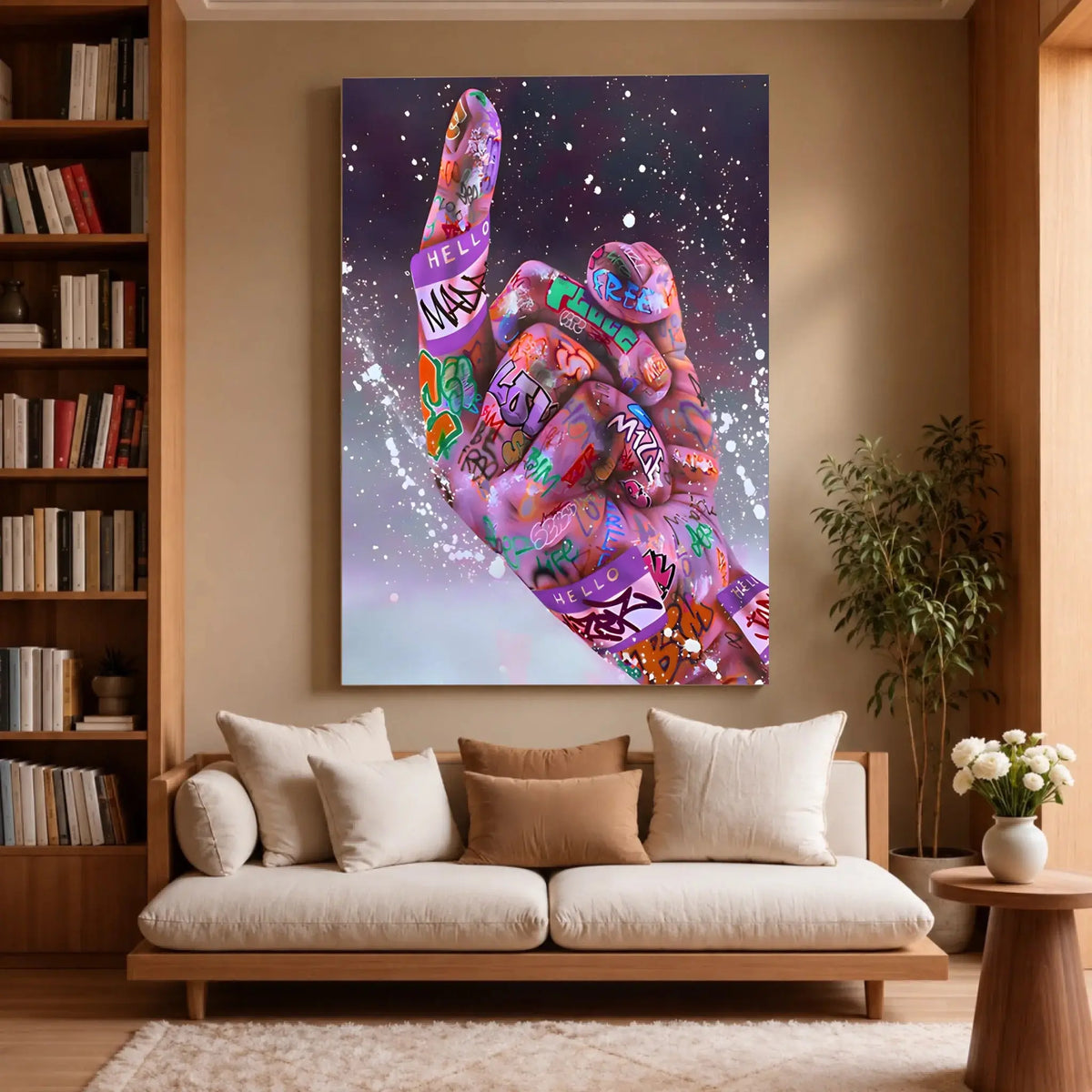 Tableau Street Art Défi Urbain sur toile, accroché dans un salon avec bibliothèque