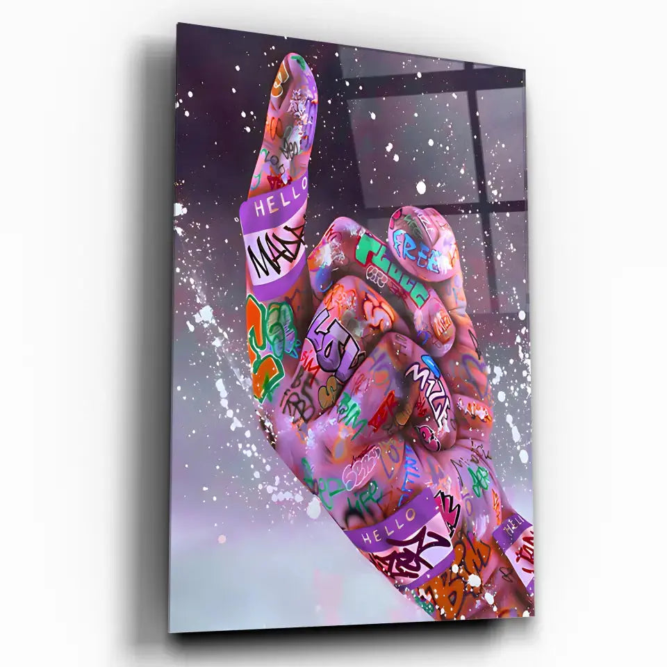 Tableau Street Art Défi Urbain en verre acrylique, vue inclinée sur fond blanc