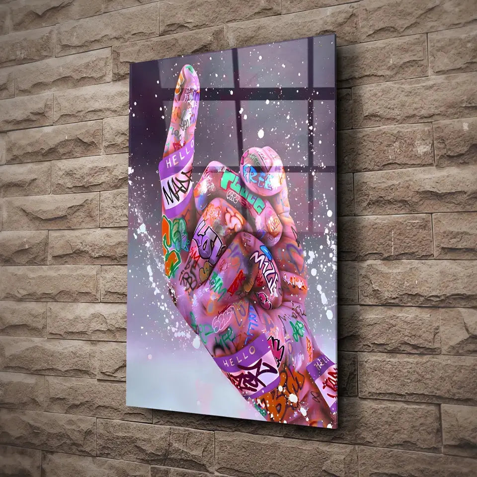 Tableau Street Art Défi Urbain en verre acrylique, fixé sur un mur de pierre