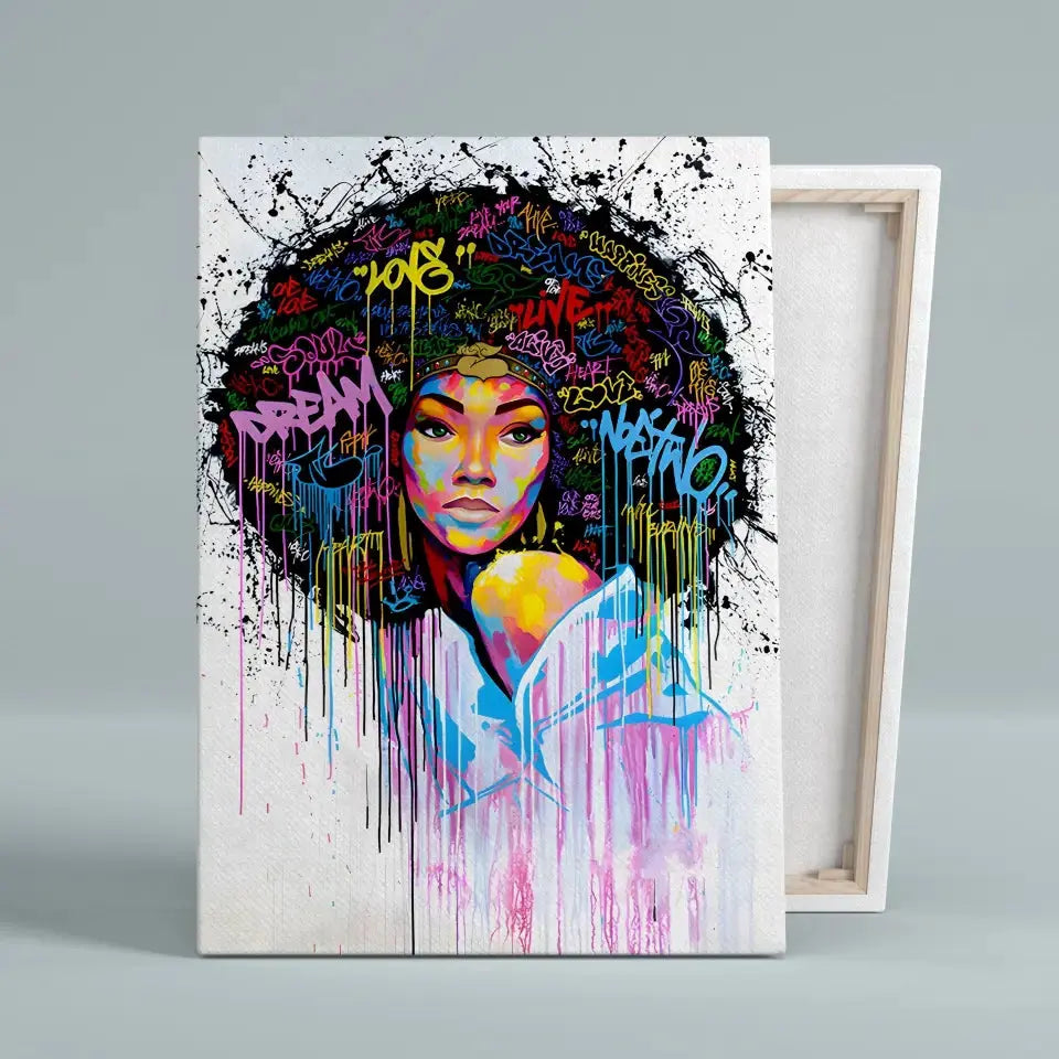 Tableau Street Art Éclat Afro sur toile, vue montrant l'épaisseur du châssis
