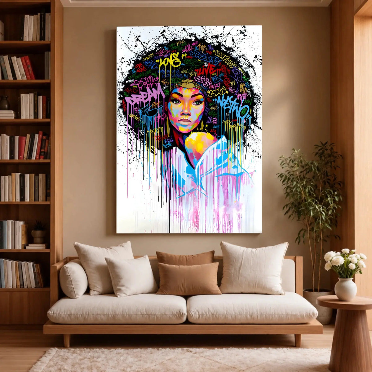 Tableau Street Art Éclat Afro sur toile, accroché dans un salon avec bibliothèque