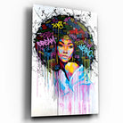 Tableau Street Art Éclat Afro en verre acrylique, vue inclinée sur fond blanc