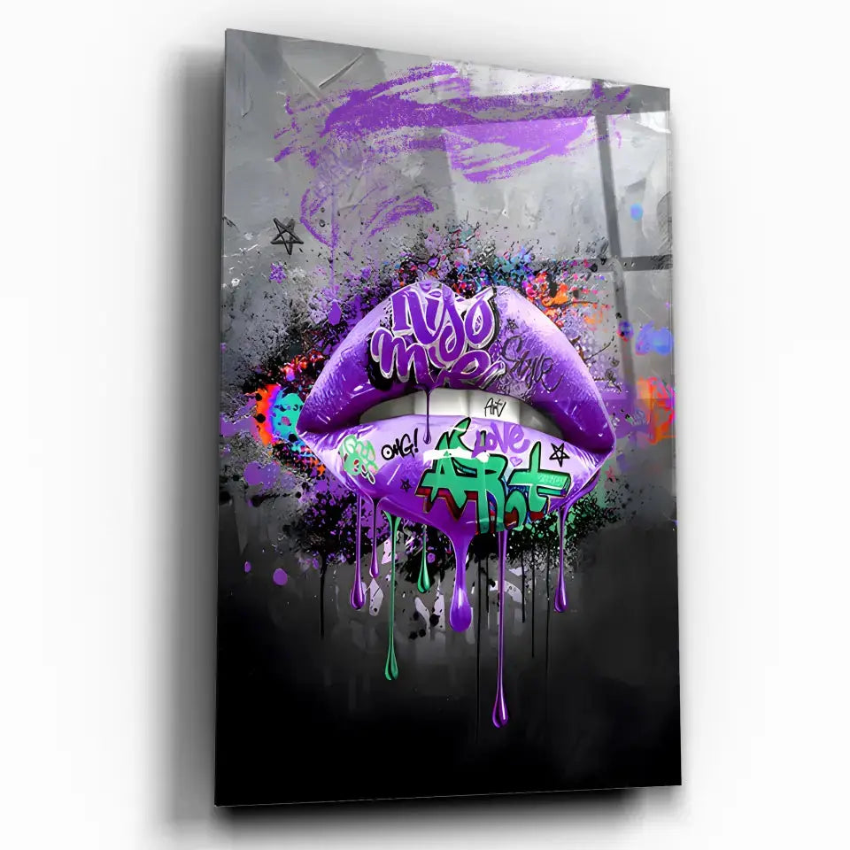 Tableau Street Art Éclat Liquide en verre acrylique, vue inclinée sur fond blanc