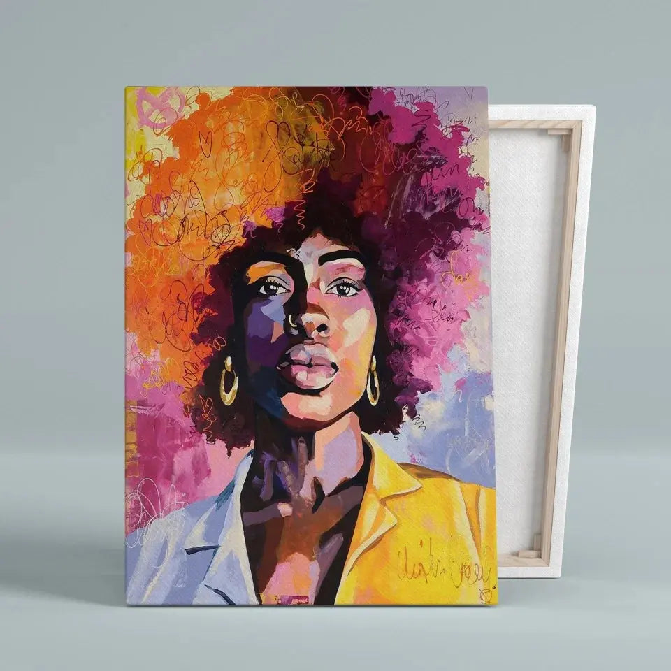 Tableau Street Art Femme Afro sur toile, vue montrant l'épaisseur du châssis