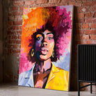 Tableau Street Art Femme Afro sur toile, posé au sol contre un mur de briques rouges