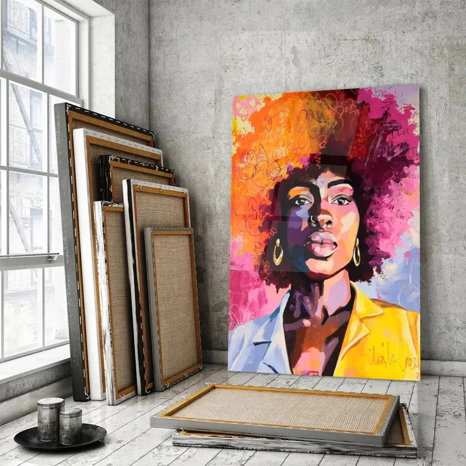 Tableau Street Art Femme Afro en verre acrylique, posé devant des cadres empilés