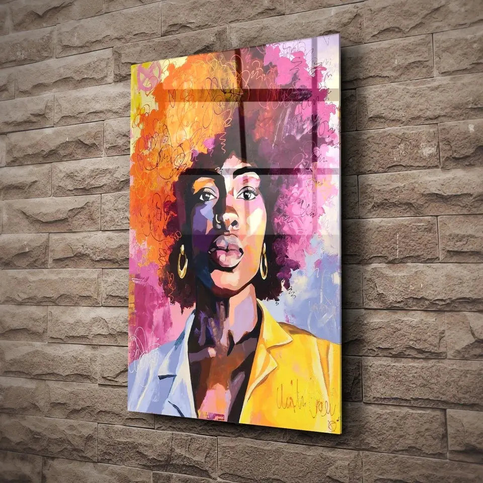 Tableau Street Art Femme Afro en verre acrylique, fixé sur un mur de pierre
