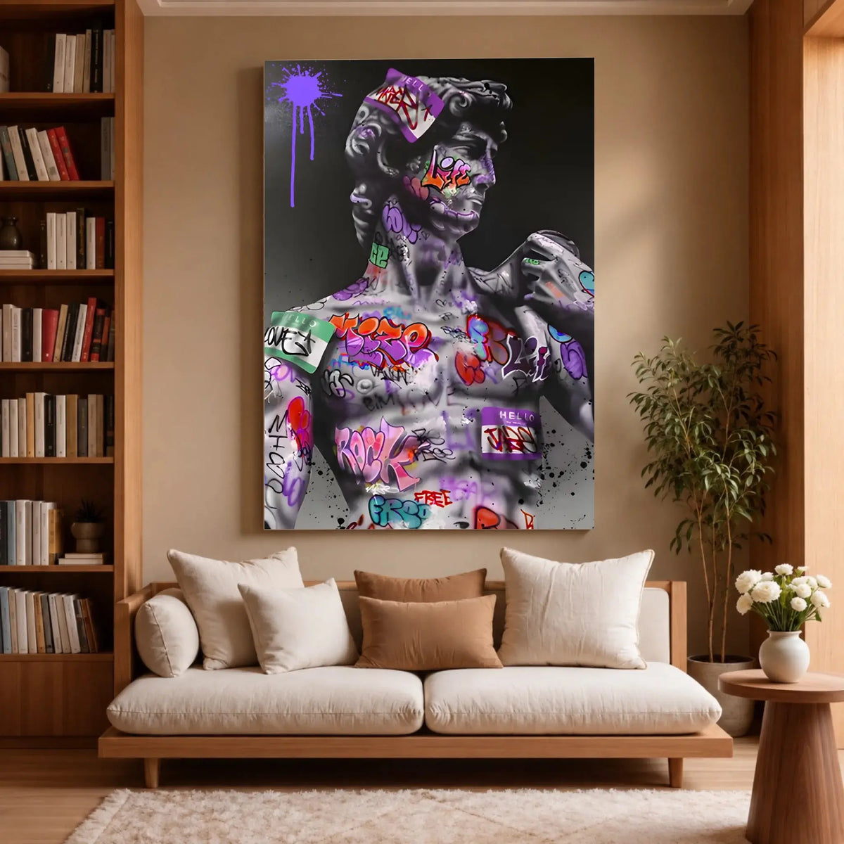 Tableau Street Art Héritage Urbain sur toile, accroché dans un salon avec bibliothèque