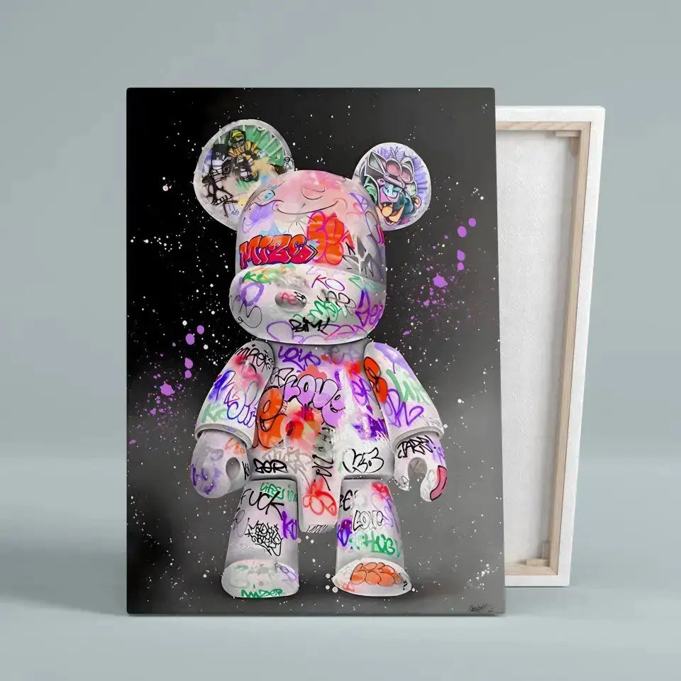 Tableau Street Art Kaws Bearbrick sur toile, vue montrant l'épaisseur du châssis