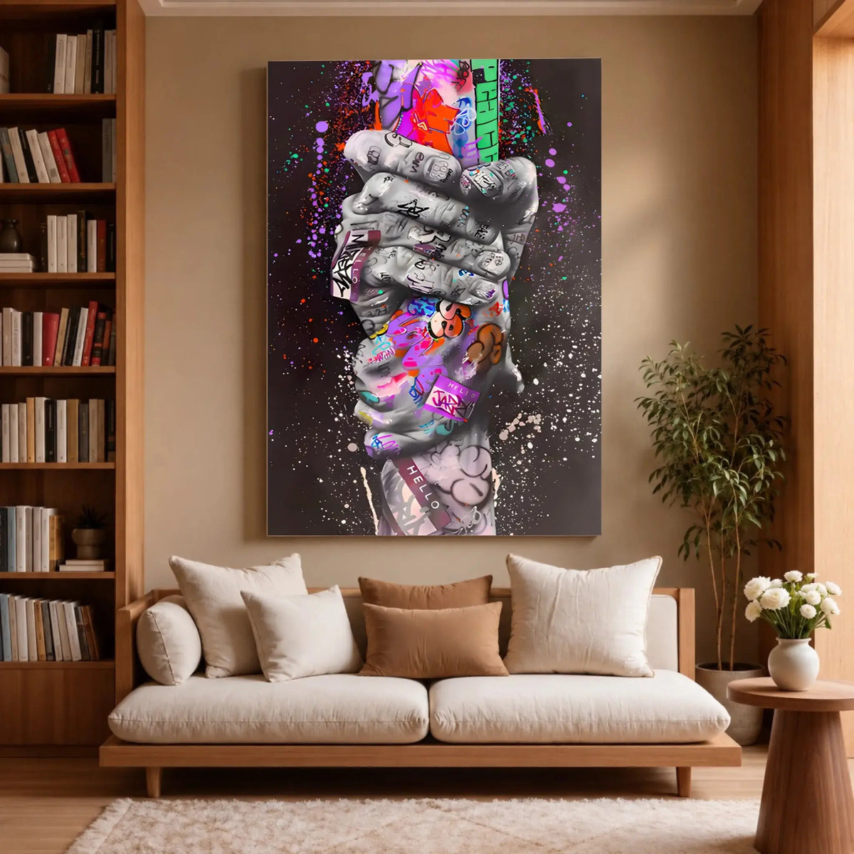 Tableau Street Art Lien Urbain sur toile, accroché dans un salon avec bibliothèque