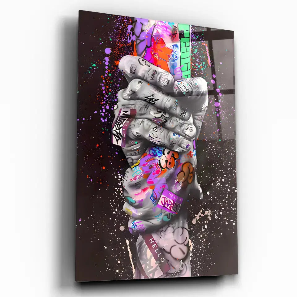 Tableau Street Art Lien Urbain en verre acrylique, vue inclinée sur fond blanc