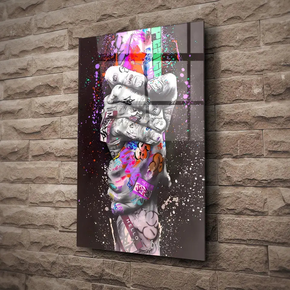 Tableau Street Art Lien Urbain en verre acrylique, fixé sur un mur de pierre