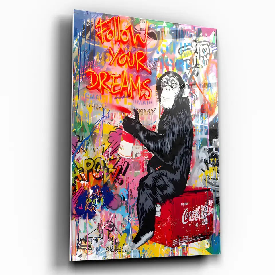 Tableau Street Art Pause Urbaine en verre acrylique, vue inclinée sur fond blanc