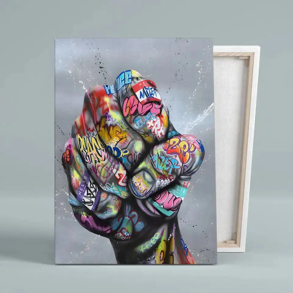 Tableau Street Art Poing de Révolte sur toile, vue montrant l'épaisseur du châssis