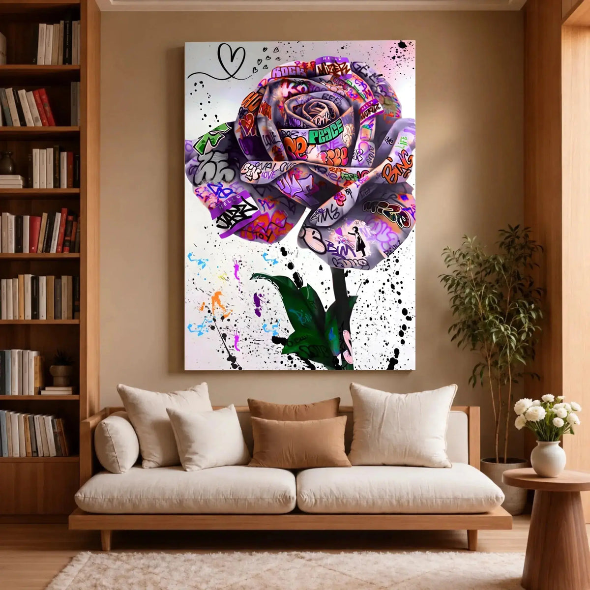 Tableau Street Art Rose Urbaine sur toile, accroché dans un salon avec bibliothèque