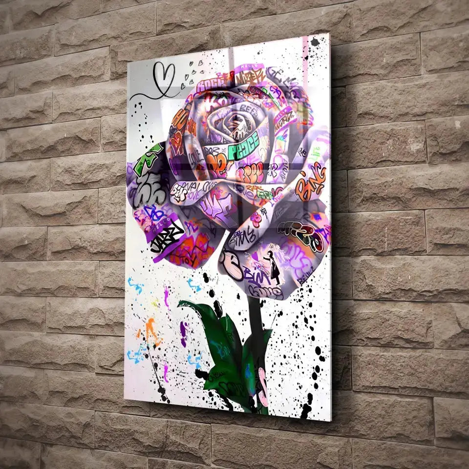 Tableau Street Art Rose Urbaine en verre acrylique, fixé sur un mur de pierre