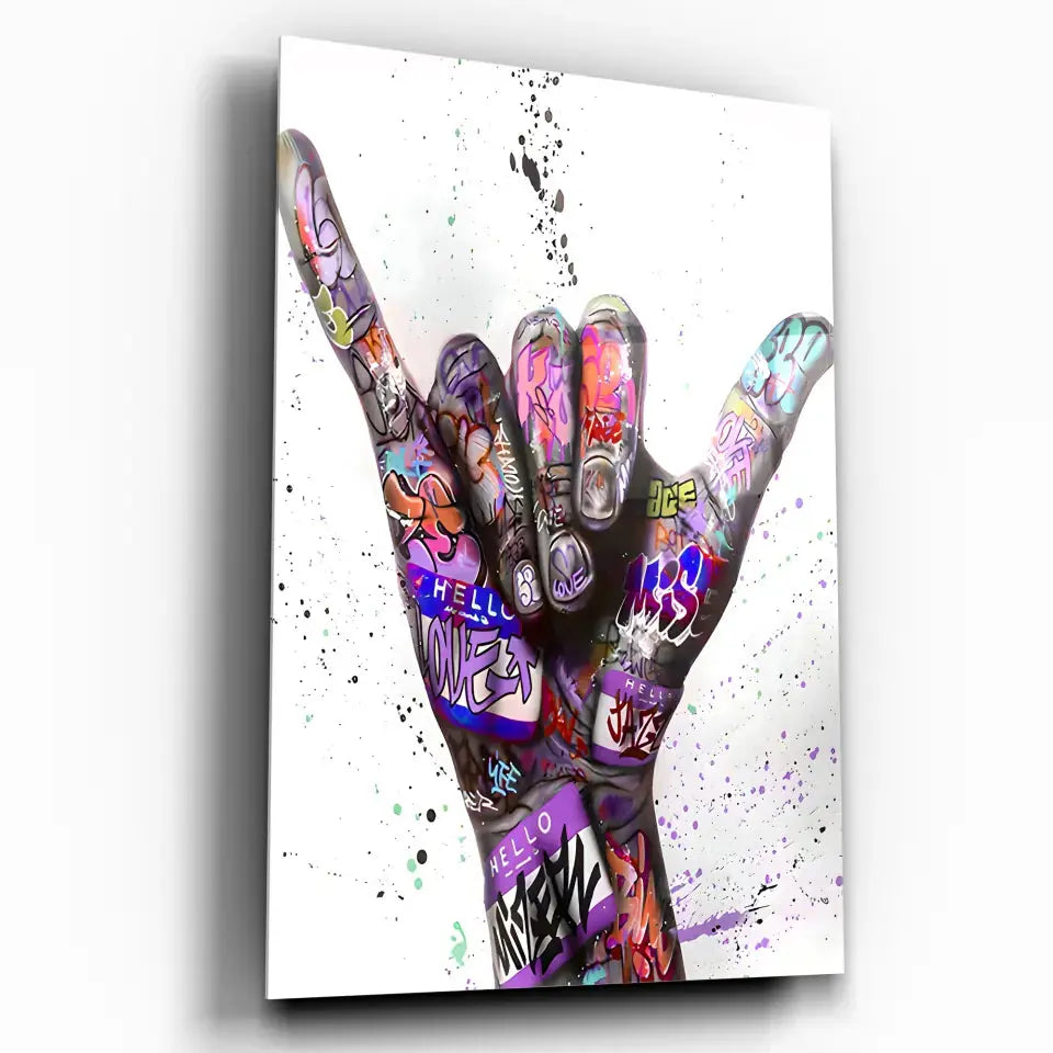 Tableau Street Art Signe Urbain en verre acrylique, vue inclinée sur fond blanc