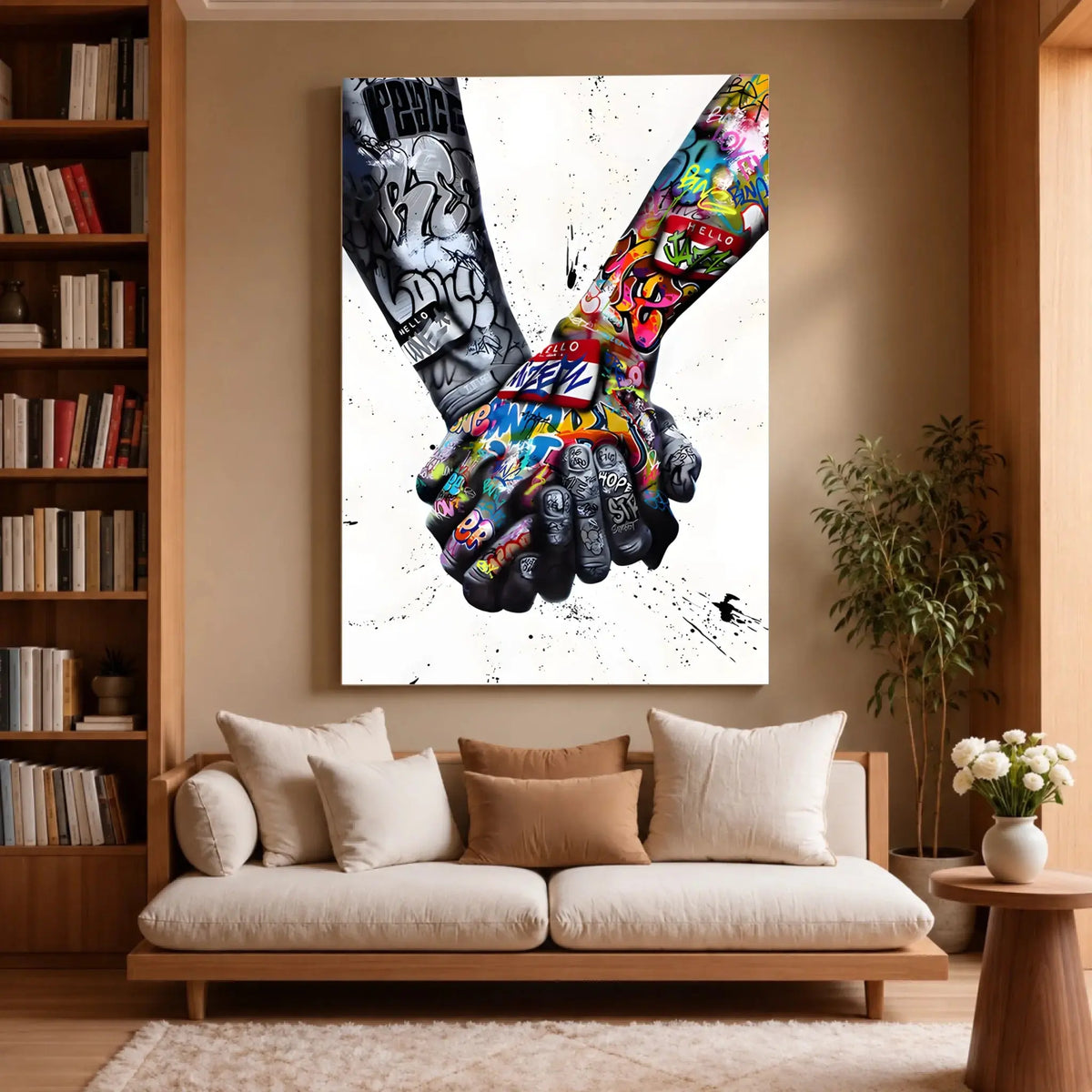 Tableau Street Art Union Colorée sur toile, accroché dans un salon avec bibliothèque