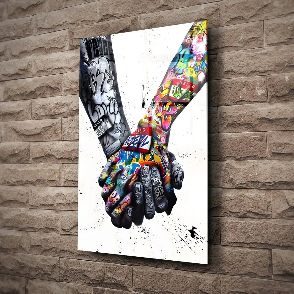 Tableau Street Art Union Colorée en verre acrylique, fixé sur un mur de pierre