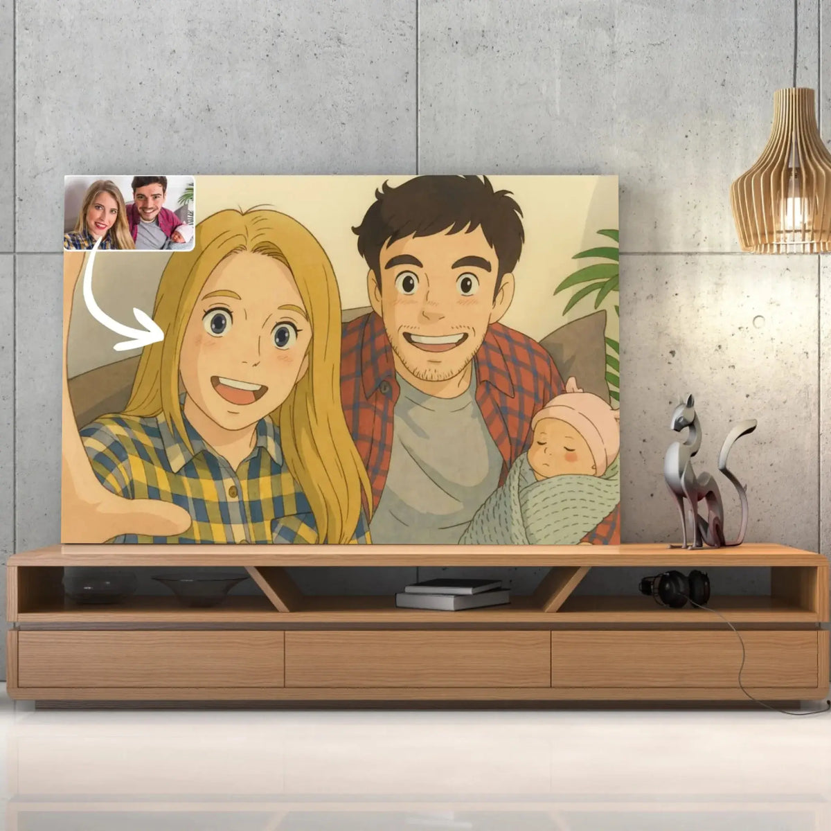 Tableau style anime japonais Ghibli posé sur un meuble TV en bois, portrait de famille personnalisé