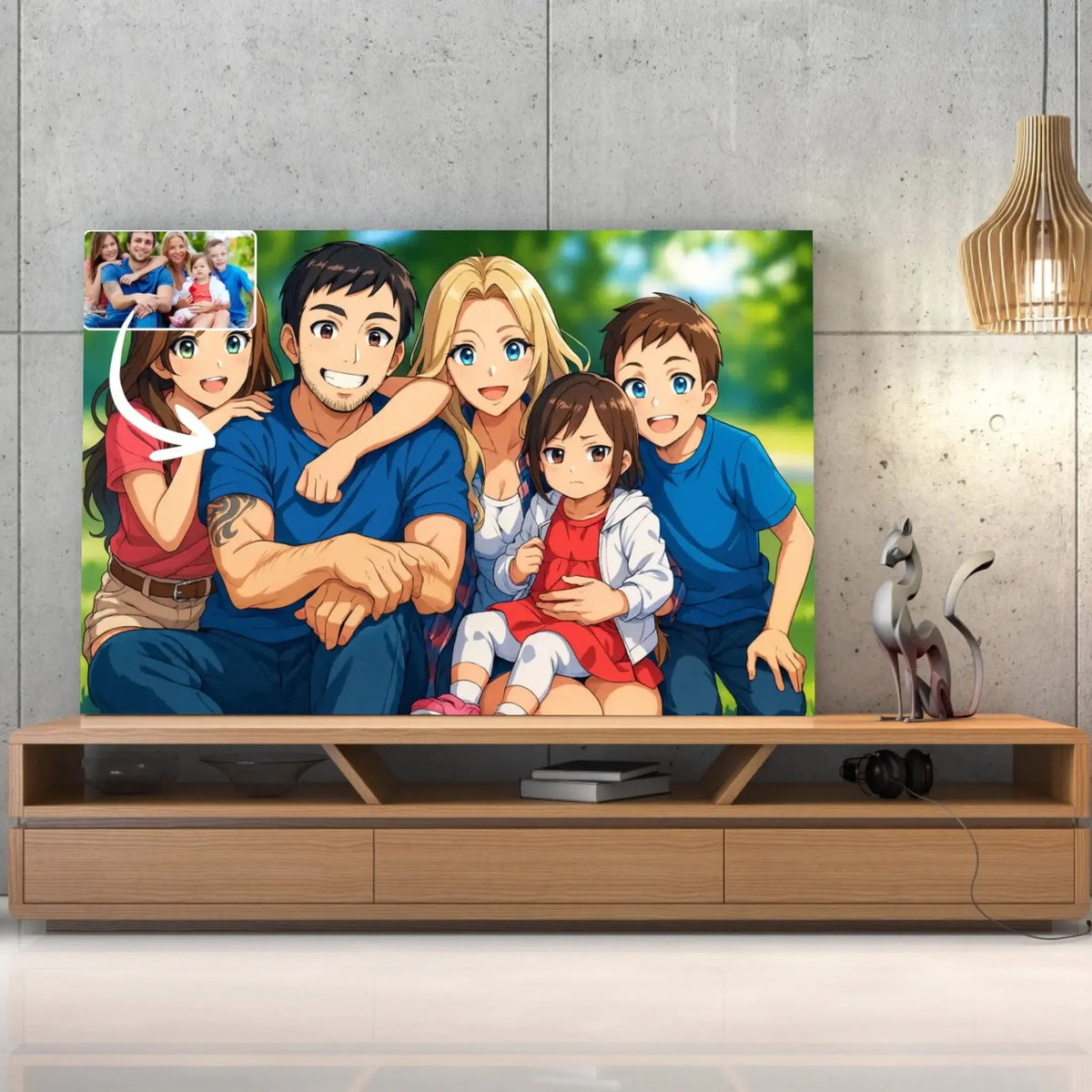 Tableau style anime japonais manga posé sur un meuble TV en bois, portrait de famille personnalisé