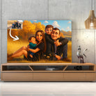 Tableau style anime Pixar 3D posé sur un meuble TV en bois, portrait de famille personnalisé