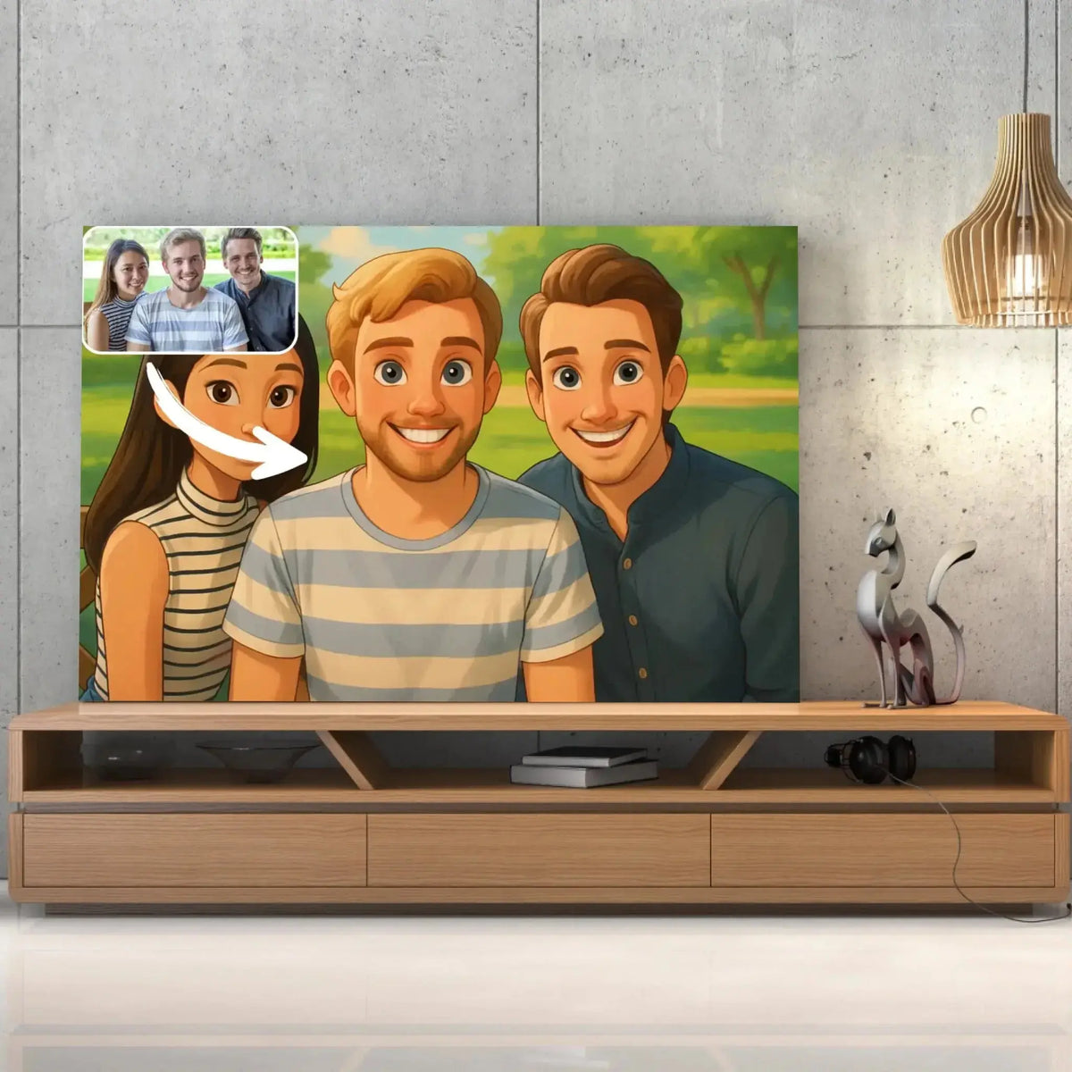 Tableau style Disney posé sur un meuble TV en bois, portrait de groupe d'amis personnalisé
