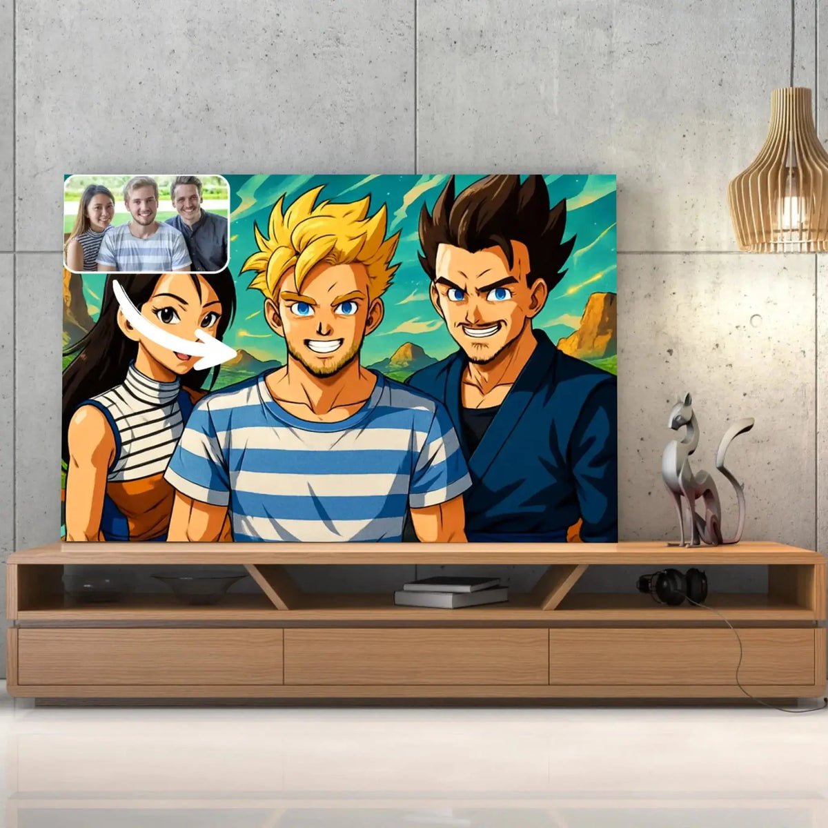 Tableau style Dragon Ball posé sur un meuble TV en bois, portrait de groupe d'amis personnalisé