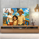 Tableau style One Piece posé sur un meuble TV en bois, portrait de famille personnalisé