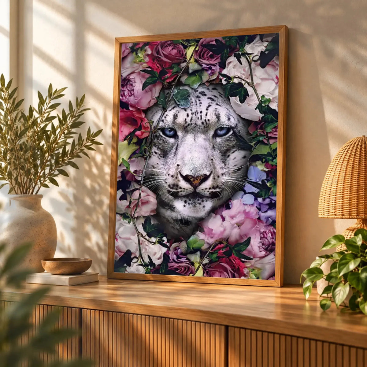 Tableau tigre blanc fleurs en affiche encadrée bois sur un buffet