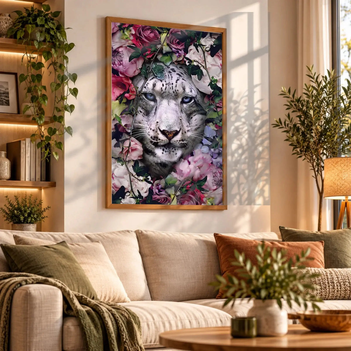 Tableau tigre blanc fleurs en affiche encadrée bois dans un salon