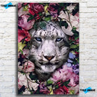 Tableau tigre blanc fleurs sur toile, accroché sur un mur de briques blanches (vue 2)
