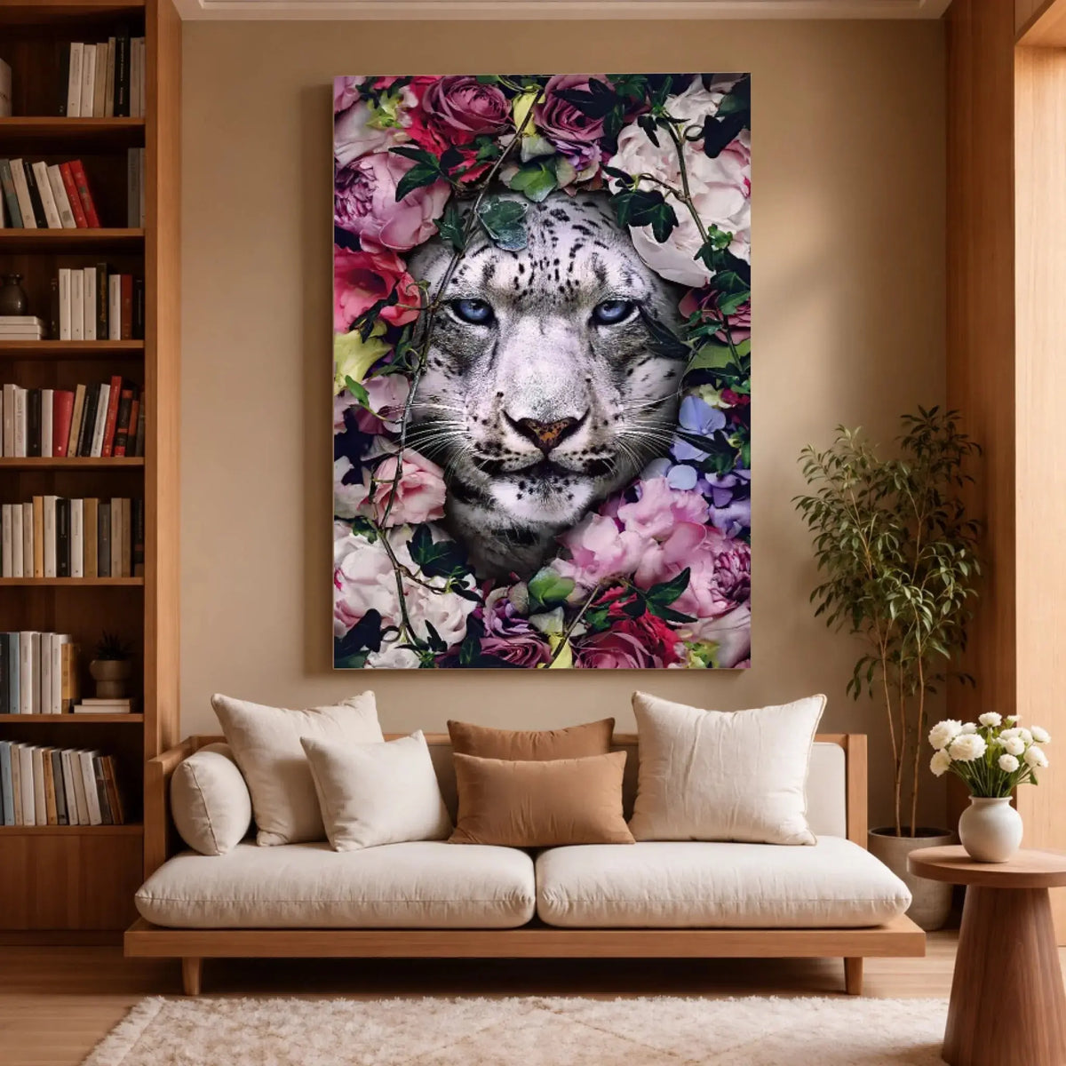 Tableau tigre blanc fleurs sur toile, accroché dans un salon avec bibliothèque