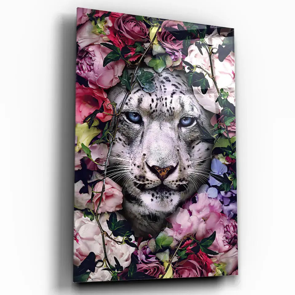 Tableau tigre blanc fleurs en verre acrylique, vue inclinée sur fond blanc