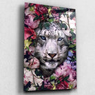 Tableau tigre blanc fleurs en verre acrylique, vue inclinée sur fond clair
