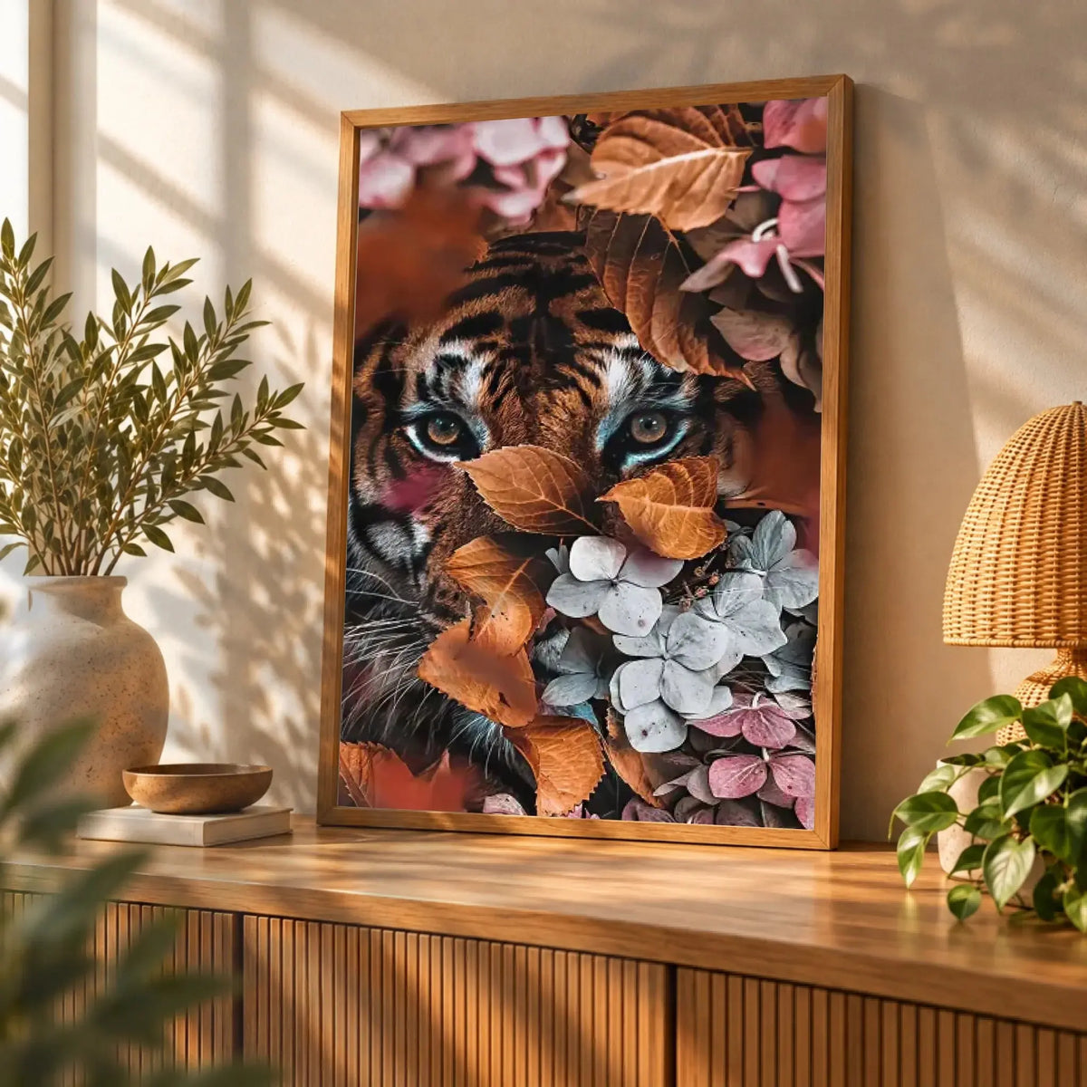 Tableau tigre feuillage en affiche encadrée bois sur un buffet