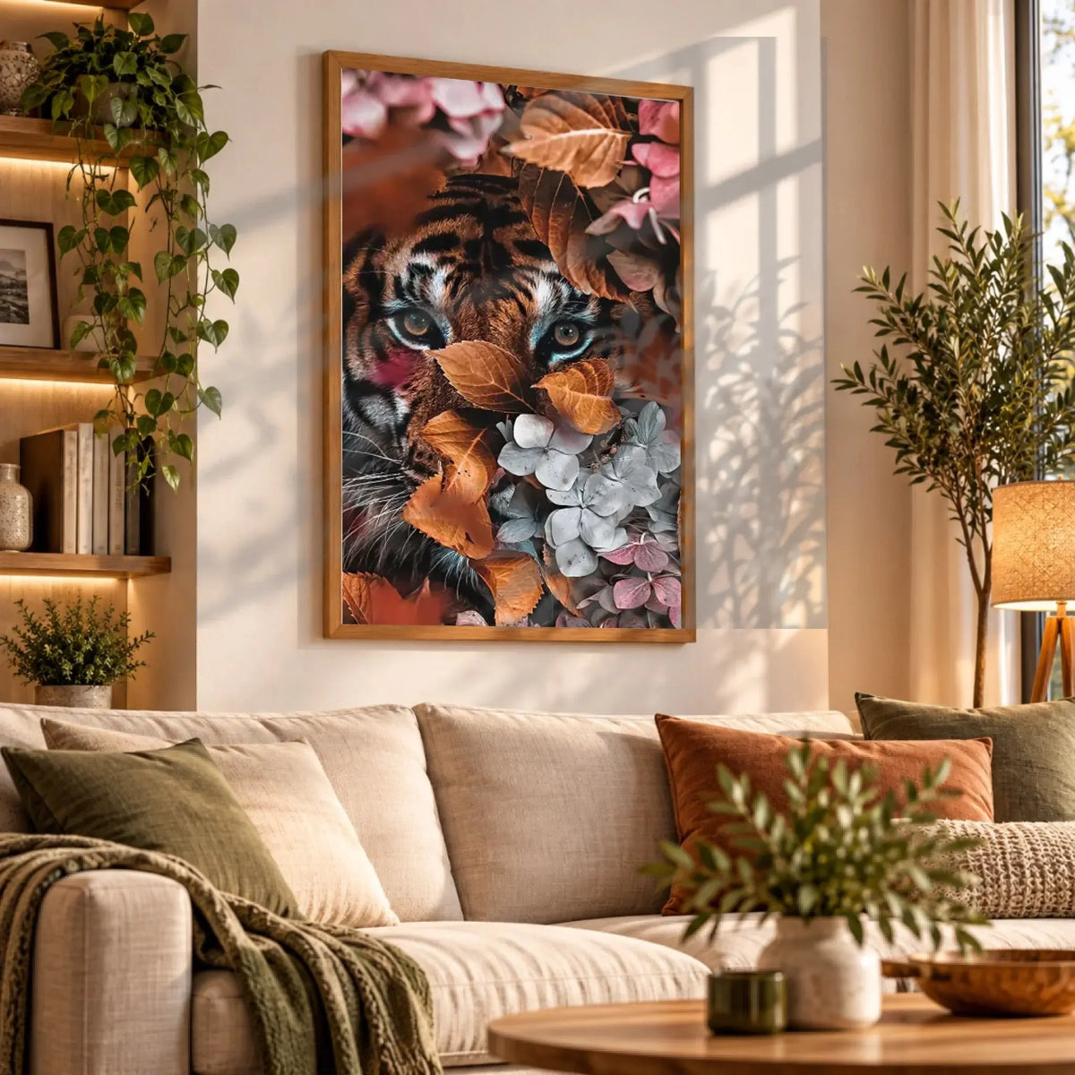 Tableau tigre feuillage en affiche encadrée bois dans un salon